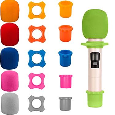 Imagem de 6 conjuntos de espuma de proteção para microfone, Qtopun 6 capas de espuma para microfone de mão sem fio, antirrolamento, 6 anéis de silicone de proteção, 6 suportes de manga de haste inferior para