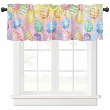 Imagem de Cortina de sanefa de ovos coloridos de Páscoa, verde, azul, amarelo, ovos, flores, margarida, tratamento de janela para cozinha, ovos coloridos, cortina de bolso de haste floral para banheiro, sala de