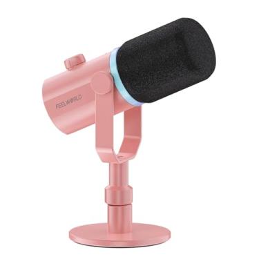 Imagem de FEELWORLD Microfone PM1 XLR USB dinâmico com suporte de mesa, presentes para gravação de podcast, computador, jogos, transmissão de voz, microfone de estúdio de metal, luz RGB, botão mudo, conector de