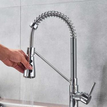 Imagem de Torneira de cozinha preta fosca com puxador para baixo, montada no deck, com misturador de cozinha quente e fria, com dupla função, torneira para pia de cozinha, torneira de cozinha cromada