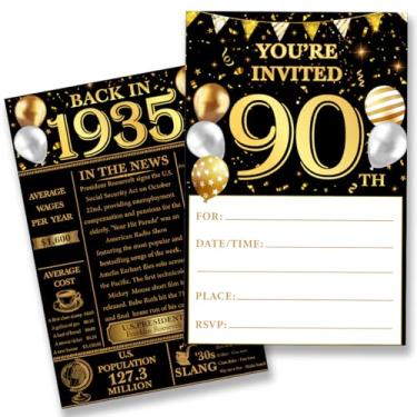 Imagem de QZJ Convites de festa de aniversário de 90 anos para mulheres e homens - Back in 1935 Convites Conjunto de convites de aniversário de 90 anos para aniversário de aniversário (20 convites e envelopes)