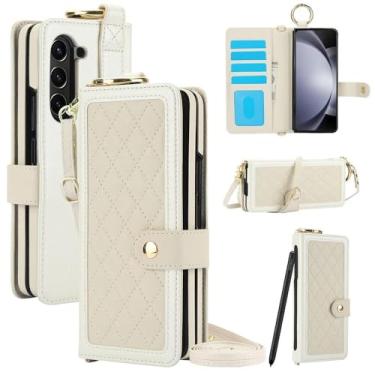 Imagem de Capa de couro com slot para cartão de bloqueio e suporte para caneta para Samsung Galaxy Z Fold 6 5 4 3 5g capa de telefone tipo carteira crossbody (sem caneta), branca, para Samsung Galaxy Z Fol