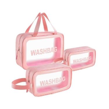 Imagem de Conjunto de 3 Necessaire Transparente Organizador Maquiagem Bolsa - Impermeável, Versátil, Leve e Fácil de Limpar (Rosa)