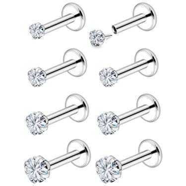 Imagem de Vsnnsns Anéis de nariz de pressão sem fio 18G 20G para mulheres aço inoxidável cirúrgico 316L Pinos de nariz em forma de L Anéis de nariz de ossos de parafuso Piercing de narina CZ 1,5 mm 2 mm 2,5 mm 3 mm prata 8-12 peças, Metal Cristal Strass, Cristal