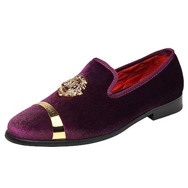 Imagem de ELANROMAN sapato masculino de veludo mocassim vestido moda casamento festa de formatura, Roxa, 8