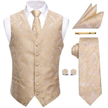 Imagem de YourTies Conjunto de gravata masculina vitoriana de seda Paisley colete formal colete gótico steampunk com lapelas entalhadas, Champanhe dourado, 3G