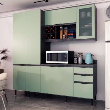 Imagem de Cozinha Compacta Margarida CZ1201 200cm 04 Peças 08 Portas 03 Gavetas e Divisor de Talheres Mármore Lunar Verde Mar Tecnomobili