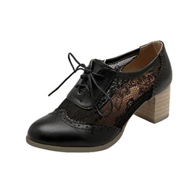 Imagem de Bellirala sapato social feminino Brogue Oxford salto bloco cadarço escarpim vintage, Preto, 7.5
