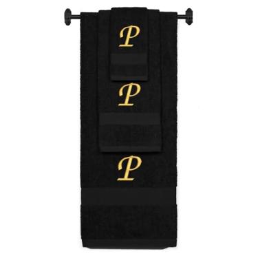 Imagem de Toalha de banho de algodão felpudo bordada personalizada, conjunto de toalha de mão e toalha de banho - conjunto de toalhas pretas, ouro Chancery inicial P