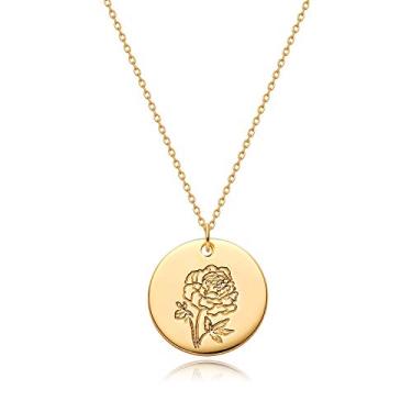 Imagem de MYEARS Colares femininos de moedas de ouro para o mês de nascimento, buquê de flor, pingente de medalha redonda gravado, floral, banhado a ouro 14 K, combinando, joias personalizadas, aniversário