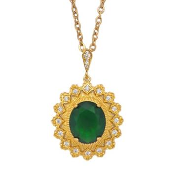 Imagem de Colar com pingente de zircônia cúbica verde esmeralda estilo vintage, dourado com halo de zircônia, corrente banhada a ouro, 0.59×0.79 inch, Metal Pedra, Zircônia cúbica