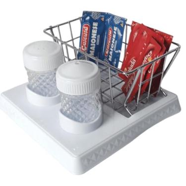 Imagem de Porta Guardanapo ou Sachê 3 em 1 com Saleiro e Paliteiro Organização para Mesa, Cozinha e Restaurante Base Plástica Resistente e Cesta em Aço Cromado