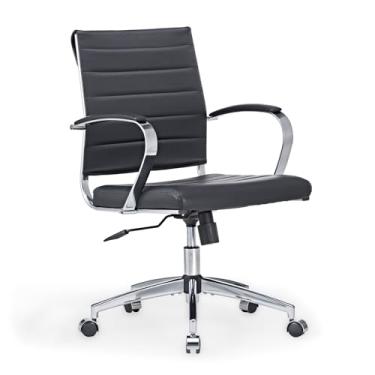 Imagem de LUXMOD Cadeira de escritório moderna de couro preto de meados do século com apoios de braços, cadeira de mesa giratória ajustável para escritório em casa, cadeira executiva ergonômica