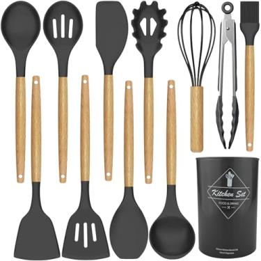 Imagem de Conjunto de utensílios de cozinha de silicone, 12 peças, conjunto de utensílios de cozinha de silicone, conjunto de espátulas de silicone, conjunto de utensílios de cozinha, conjunto de espátula de silicone (cinza)