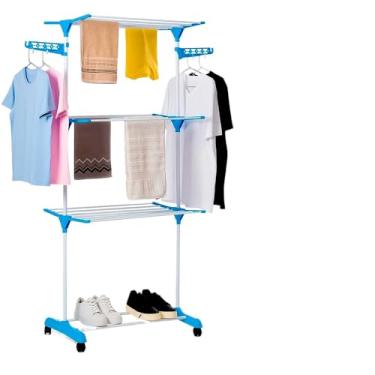 Imagem de Varal De Chão 3 Andares Dobrável Portátil Em Aço Com 4 Rodas Compacto Roupas Calcinhas Prateleiras