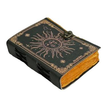 Imagem de Diário de couro vintage Sun & Moon Grimório fases da lua livro de feitiços das sombras para 200 páginas de papel vintage antigo feito à mão com borda de deckle, caderno de esboço de couro, diário de
