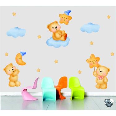 Imagem de Adesivo De Parede Infantil Ursinho Lua Nuvem Aquarela