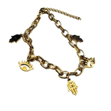 Imagem de Pulseira Com Pingentes Hamsa e Olho Grego Aço Inox Sua Proteção