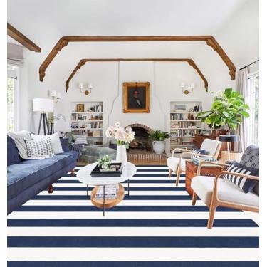 Imagem de Ckorzen Tapete listrado azul marinho e branco 20 x 25 cm, reversível e lavável à mão, design de treliça retrô para uso interno/externo - perfeito para cozinha, jantar, quarto, sala de estar