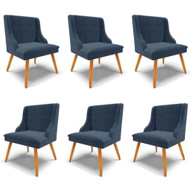 Imagem de Kit 6 Cadeiras Decorativas Sala De Jantar Pés Palito De Madeira Firenze Suede Azul Marinho/natural G19 - Gran Belo