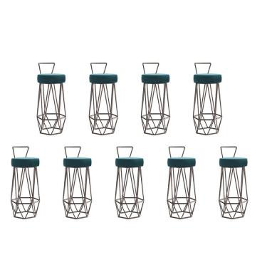 Imagem de Kit 09 Banqueta Com Encosto Botty Hexágono Cozinha Bar Ferro Marrom Suede Azul Turquesa - Amey Decor