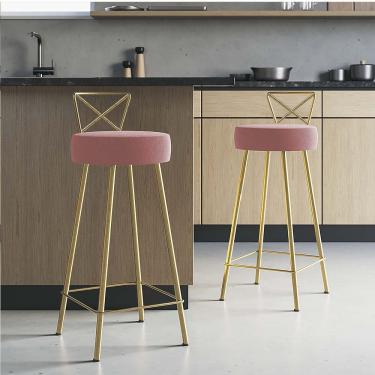 Imagem de Kit 02 Banqueta Alta Com Encosto Tânya Eiffel Cozinha Ferro Dourado Suede Rosa Gold - Amey Decor