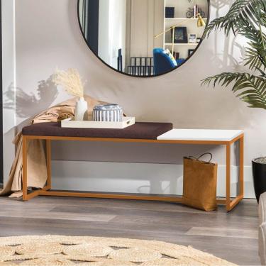 Imagem de Banco Recamier Puff 140cm Industrial Bronze Suede Marrom Tampo Quadrado Mdf Branco