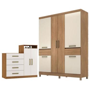 Imagem de Cômoda e Guarda Roupa Casal Áurea Mauá 8 Portas 6 Gavetas em MDP Moderno Amêndola Touch...