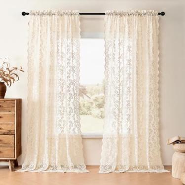 Imagem de Cortinas de renda bege 260 cm de comprimento, 2 painéis, vintage, paisley, cortinas de renda transparente para sala de estar, quarto, bolso de varão, filtragem de luz, janela grande, decoração de