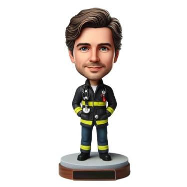 Imagem de Bobblehead de bombeiro em equipamento de combate a incêndio refletivo personalizado a partir da sua foto, decoração encantadora para átrios de bombeiros e espaços temáticos de segurança, presente