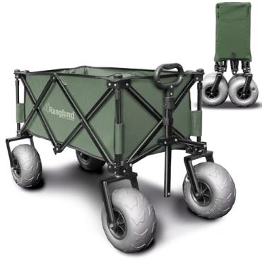 Imagem de Carrinho de praia Rangland com rodas grandes para areia – Carrinho utilitário com estrutura de aço para todos os terrenos com pneus pneumáticos de 23 cm, design dobrável (Sand Warrior RX800 verde)
