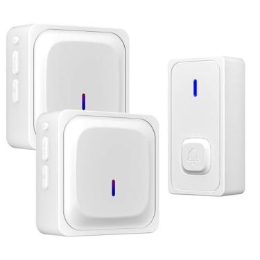Imagem de BN-LINK Campainha de porta sem fio para casa com 2 receptores, mini campainha para garagem, botão de campainha de parede Waterpoof para apartamento, quarto, sala de aula, quarto de crianças (branco)