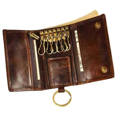 Imagem de Carteira de chave, capa de couro legítimo, suporte de couro pequeno com fecho de pressão de gancho para chave/dinheiro/cartões de visita, suporte