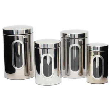 Imagem de Kit Jogo De 4 Potes Porta Mantimentos De Inox Com Visor De Vidro Fechamento Hermético Resistentes Tenha Praticidade Ideal Para Organização Cozinha