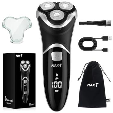 Imagem de MAX-T Barbeador elétrico masculino – Barbeador rotativo 3D recarregável com fio e sem fio para homens com aparador de costeletas pop-up molhado e seco indolor 100-240V preto (preto metálico)