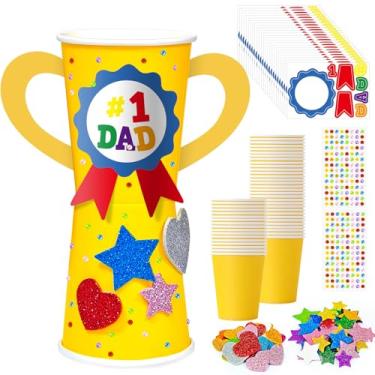Imagem de Cinrobiye Conjunto de 24 kits de artesanato de copo de troféu de dia dos pais, presentes de copo de papel DIY para o pai, faça seu próprio projeto de arte de artesanato número 1 para escola, casa