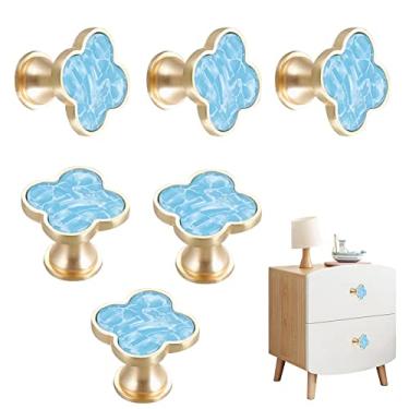 Imagem de 6 peças puxadores de trevo de quatro folhas puxadores criativos de liga de zinco puxadores de gaveta de armário para móveis de cozinha armário guarda-roupa banheiro puxador de porta de furo único com parafusos (azul celeste)
