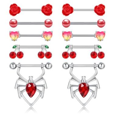 Imagem de AceFun 6 pares de anéis de mamilo de aço inoxidável 14G coração aranha cereja diabo CZ conjunto de halteres bonitos escudos de mamilos piercing joias para mulheres joias corporais em tom vermelho