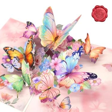 Imagem de Cartão de felicitações pop-up 3D feito à mão com borboletas de folha dourada e design floral, cartão para todas as ocasiões para mulheres e meninas (aniversário, agradecimento, melhor) inclui envelope