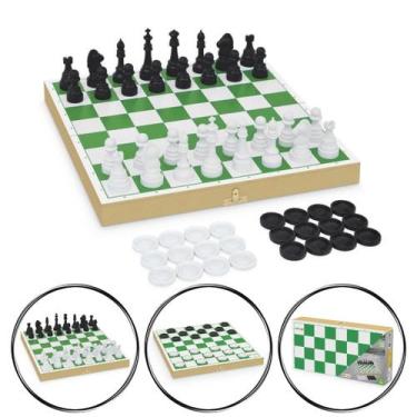 Imagem de Jogo de Xadrez e Damas Escolar Pedagógico Caixa de Madeira - Junges