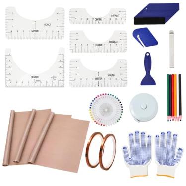 Imagem de Kits de ferramentas para camisas de sublimação - Guia de régua de 5 camisetas, pacote com 3 folhas de teflon para prensa térmica, 12 x 40,64 cm, 2 rolos de fita resistente ao calor, 6 peças