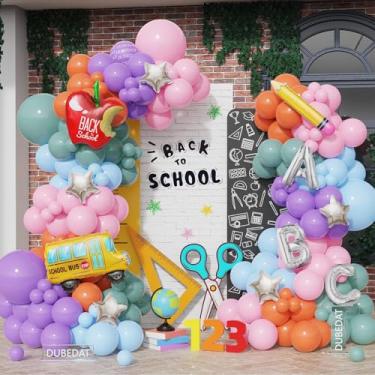 Imagem de Back to School Balloon Arch Kit,Retro pink purple green Balloons Pencil Apple Bus ABC Foil Balloons for Welcome Back To School Classroom Party First Day of School Kindergarten Decorations