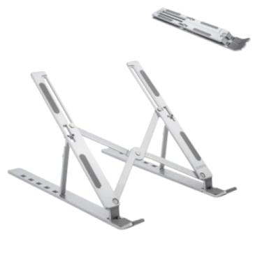Imagem de Suporte para Notebook e Tablet em Alumínio Articulado Dobrável com Regulagem de Altura, Base Estável Antiderrapante, Linha Premium, Portátil, Ideal para Mesa Escritório Home Office e Estudo (Prata)