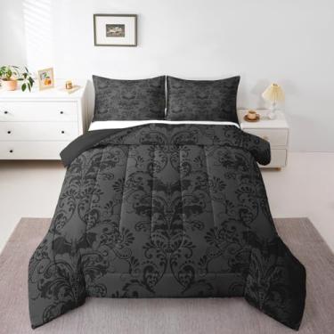 Imagem de Erosebridal Conjunto De Cama Adulto Damasco Preto, Edredom Antigo Barroco Vitoriano, King Size, Floral Vintage Exótico, Gótico Com Morcego, Decoração Boêmia Esqueleto Caveira Açúcar E Cinza