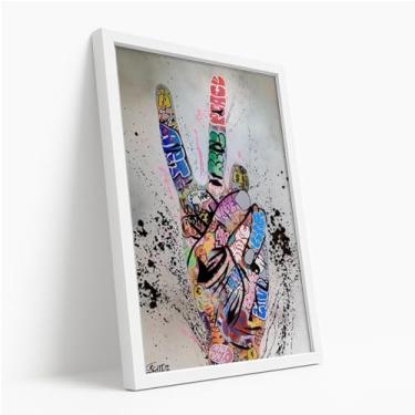 Imagem de Quadro Decorativo Mão Paz Grafitada Arte Urbana Estilo Colorido Criativo Frase Liberdade Amor Rua Moderna Com Moldura