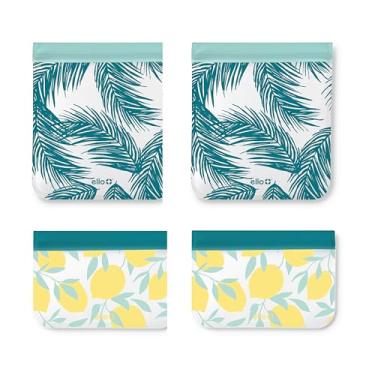 Imagem de Ello Pacote com 4 sacos reutilizáveis de armazenamento de alimentos, livre de BPA, PEVA seguro para alimentos, feezer seguro e à prova de vazamento, limões e palmeiras