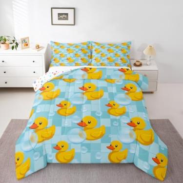 Imagem de Erosebridal Jogo de cama infantil casal, com estampa de pato amarelo, azul, quadriculado, xadrez, casa de fazenda, animais de estimação, patos, para adolescentes