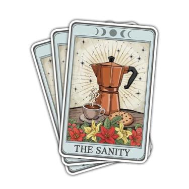 Imagem de 3 peças The Sanity Coffee Tarot adesivo engraçado Moka Pot presente para baristas amantes de café viciados em cafeína bebedores de café tarô adesivos sanidade decalque místico para laptop garrafa de