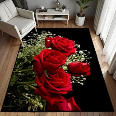 Imagem de Tapete floral moderno macio antiderrapante lavável tapete de área de pilha baixa para quarto, sala de estar, entradas 10 x 1,5 m tapete pequeno (rosa vermelha)