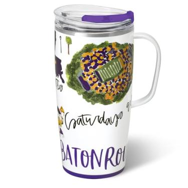 Imagem de Swig Life Caneca de viagem de 623 g, copo isolado com alça e tampa, caneca de café de viagem, compatível com porta-copos, copo de aço inoxidável de 623 g, reutilizável isolado com tampa (sábados em